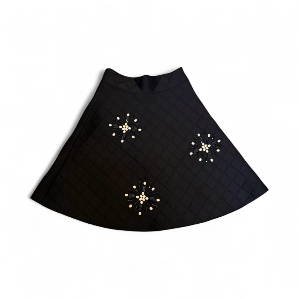 Denny Rose Black Quilted High-Waisted Skirt | Embellished Scuba Midi | XS